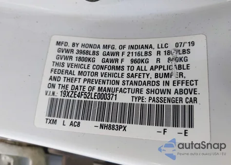 2020 Honda Insight Ex from USA, damaged, VIN 19XZE4F52LE000371